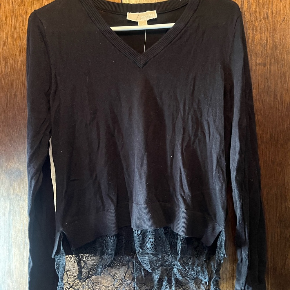 Michael Kors Black V-Neck Top with Lace Detail